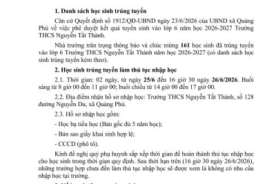 Danh sách học sinh trúng tuyển vào lớp 6 năm học 2026 – 2027 và kế hoạch nộp hồ sơ làm thủ tục nhập học