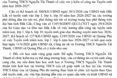 Thông báo về việc phúc đáp văn bản xin ý kiến về công tác Tuyển sinh năm học 2026 – 2027 của trường THCS Nguyễn Tất Thành