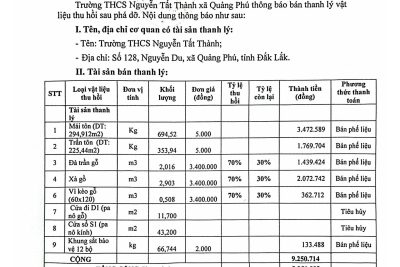 Thông báo về việc bán thanh lý vật liệu thu hồi sau phá dỡ
